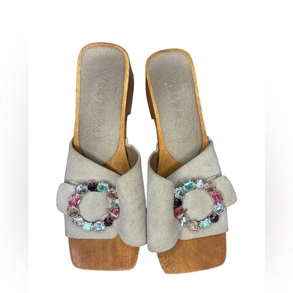 Vicenza Y2K 90s Fashion Wooden Mule Leather Embellished Buckle Heels Size 38 7 - Picture 3 of 10